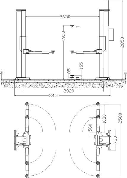 Zavagli Eurolift Z62I/3SLB schwellenfreie 2-Säulen-Hebebühne 3500kg Kabeldurchführung im Boden 2650mm Durchfahrt mit langen Armen